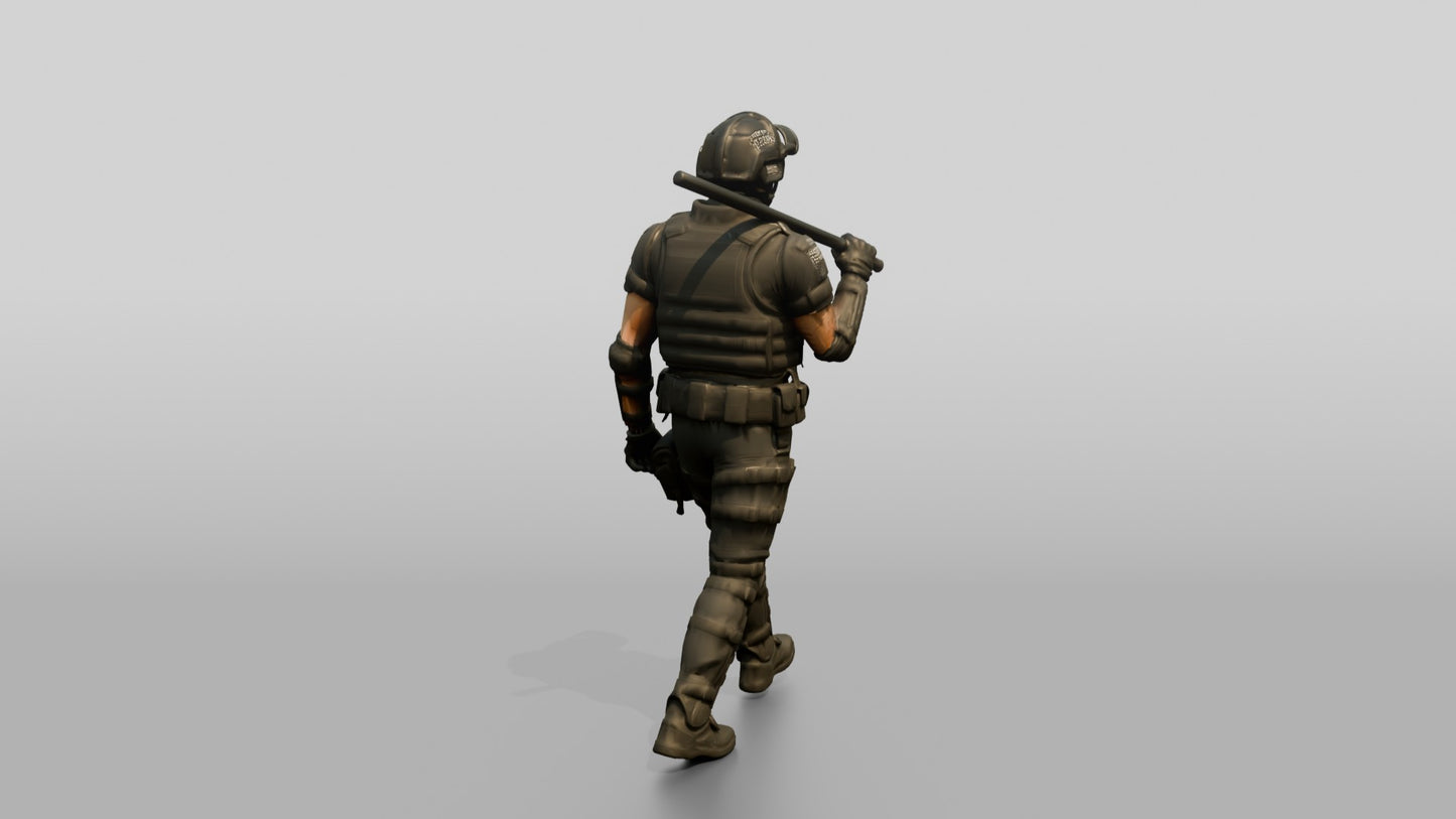 Riot Police Officer Walking with Baton