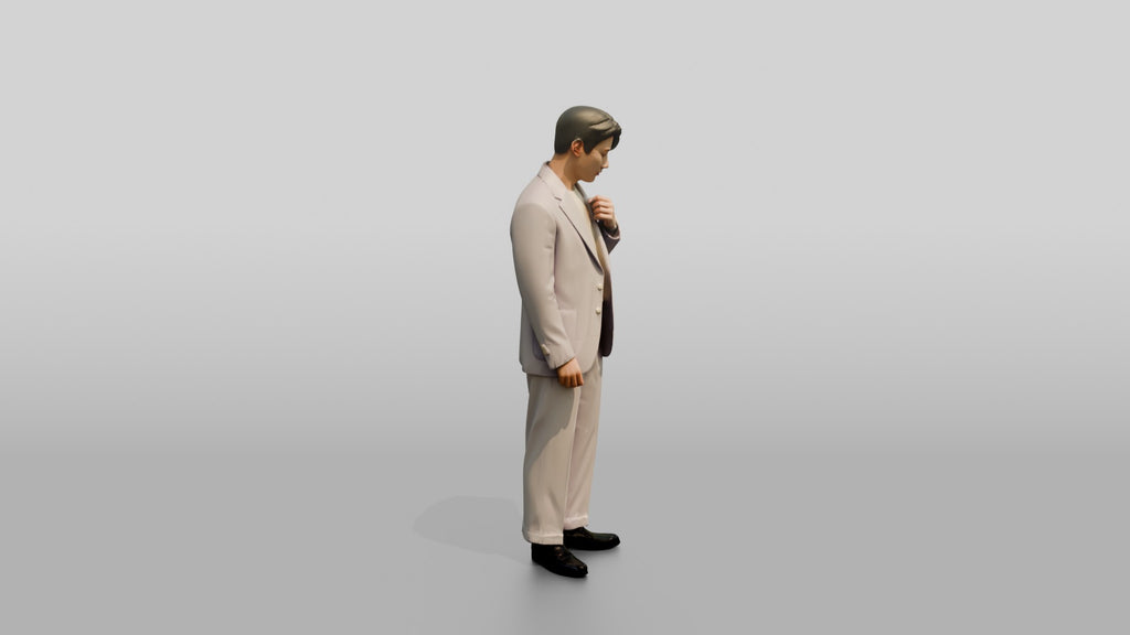 Man Adjusting Collar in Lavender Suit