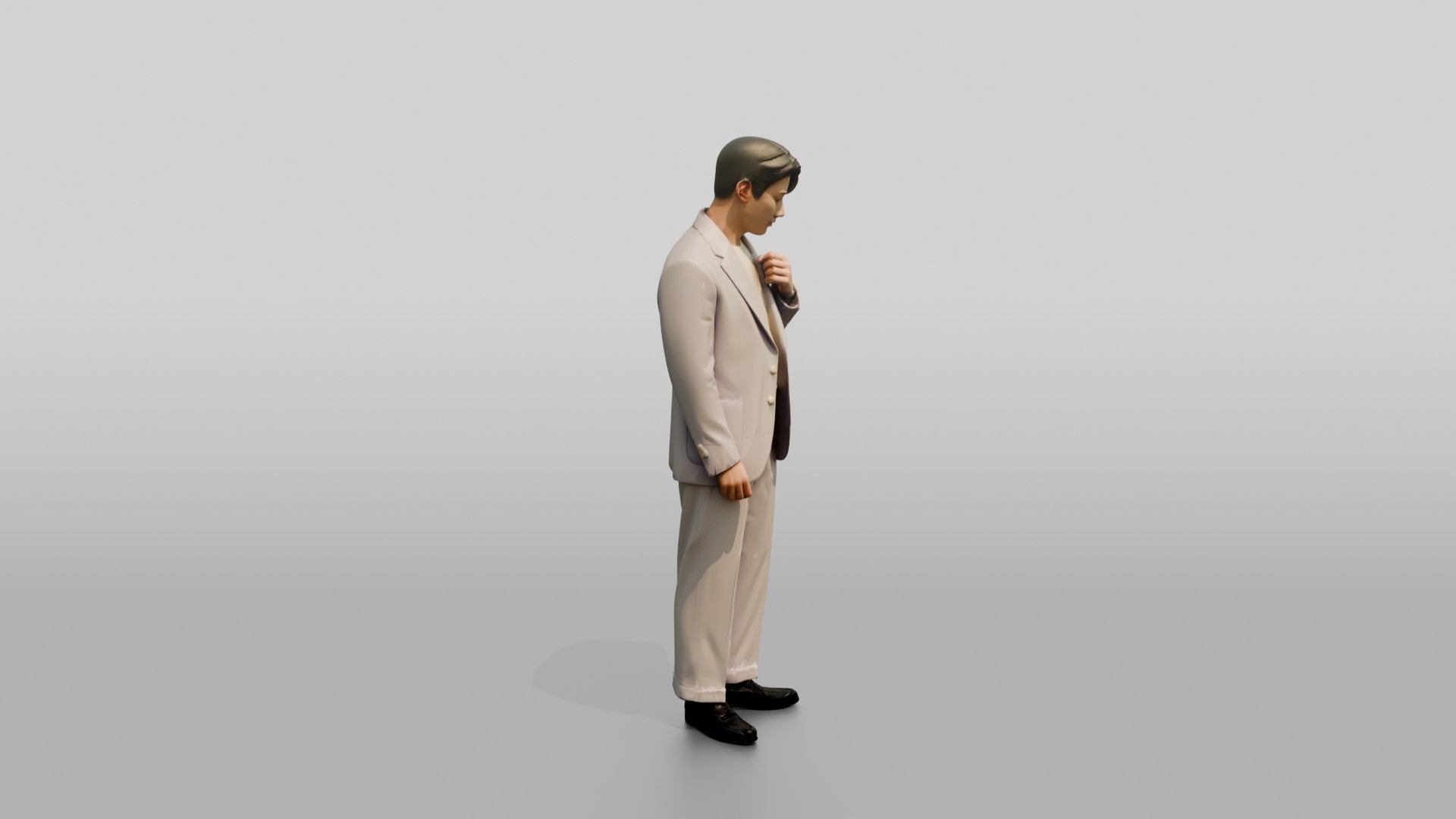 Man Adjusting Collar in Lavender Suit