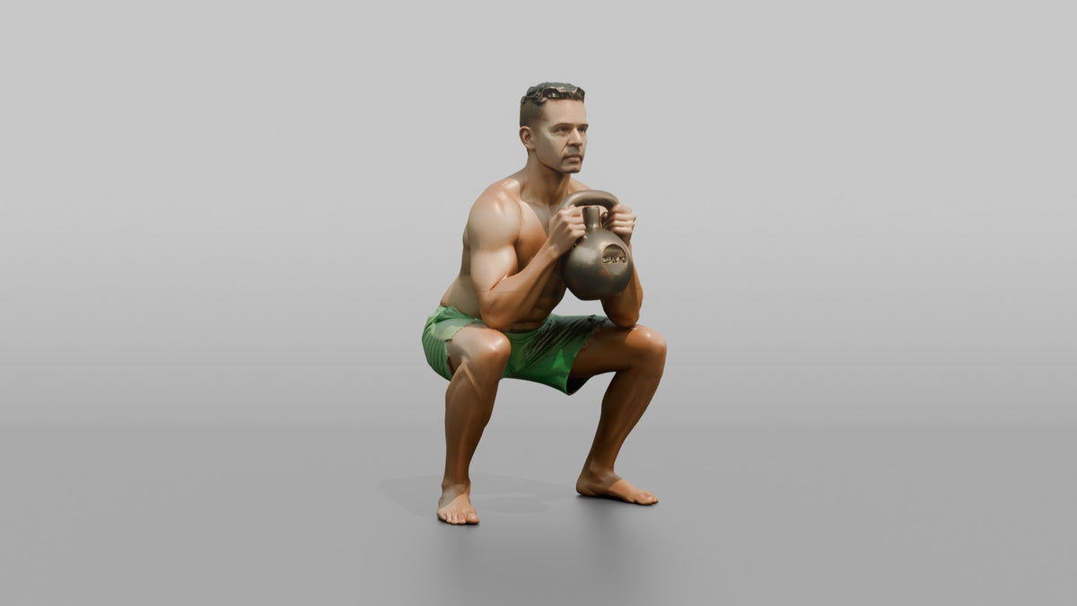 Weightlifter Man Holding A Kettlebell In A Goblet Squat Position - 3D character model