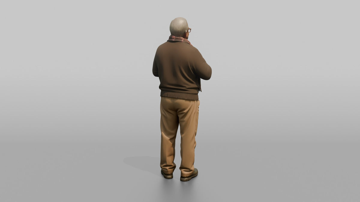 Grandfather Adjusting A Wool Scarf Around His Neck - 3D character model, view 3