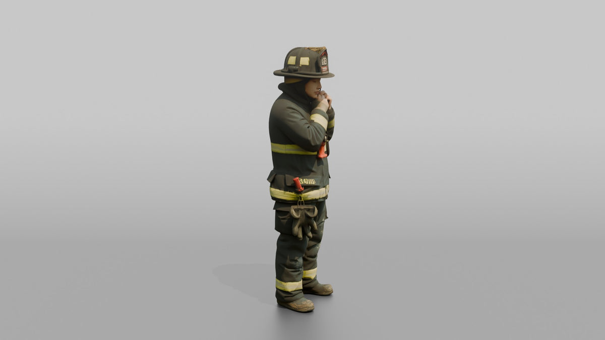 Firefighter Woman Adjusting the Chin Strap on Her Turnout Helmet - 3D character model, view 2