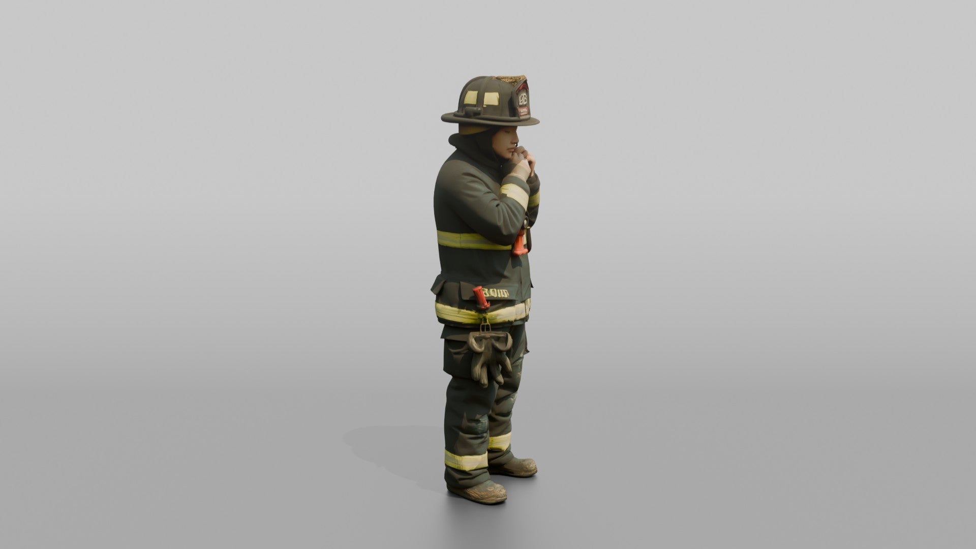 Firefighter Woman Adjusting the Chin Strap on Her Turnout Helmet