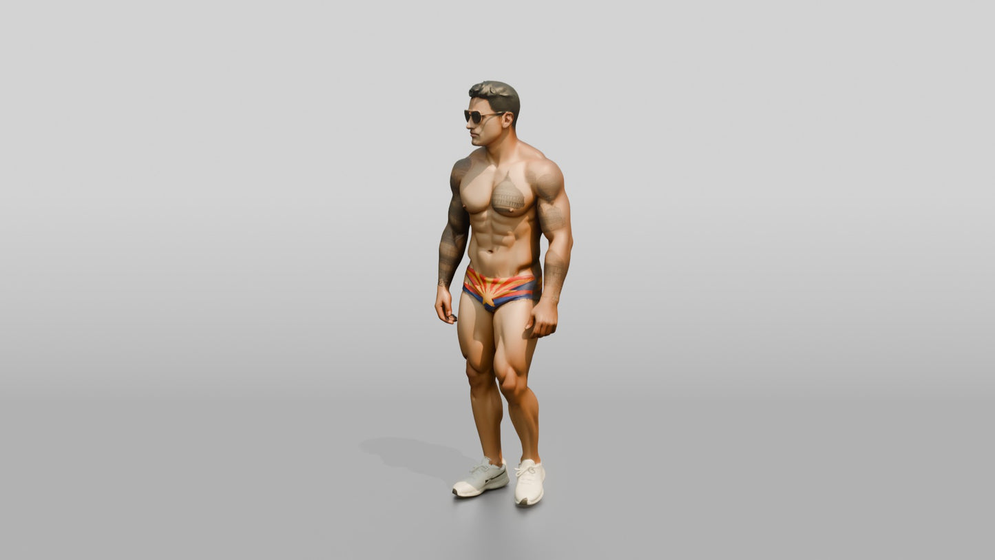 Mestizo Man Running in Sunburst Swim Brief