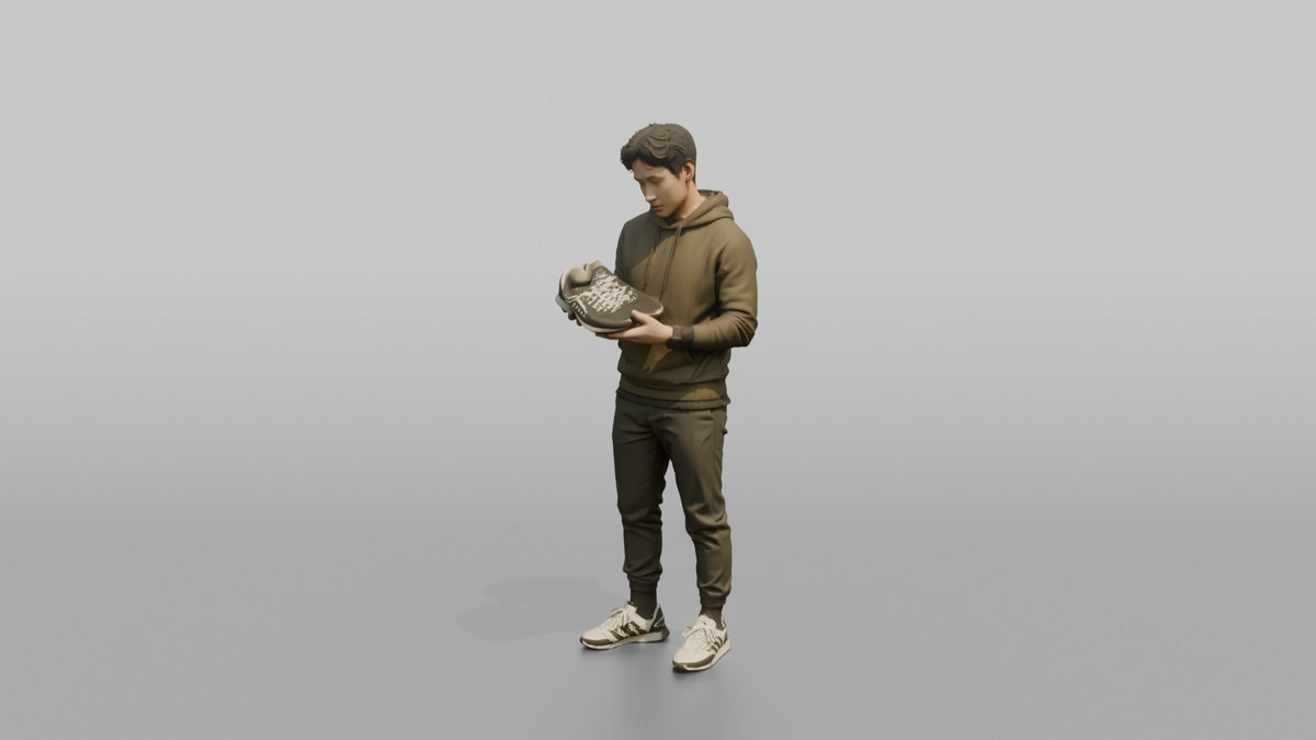 Man Customer Holding Up A Pair Of Sneakers To Inspect Them - 3D character model, view 4