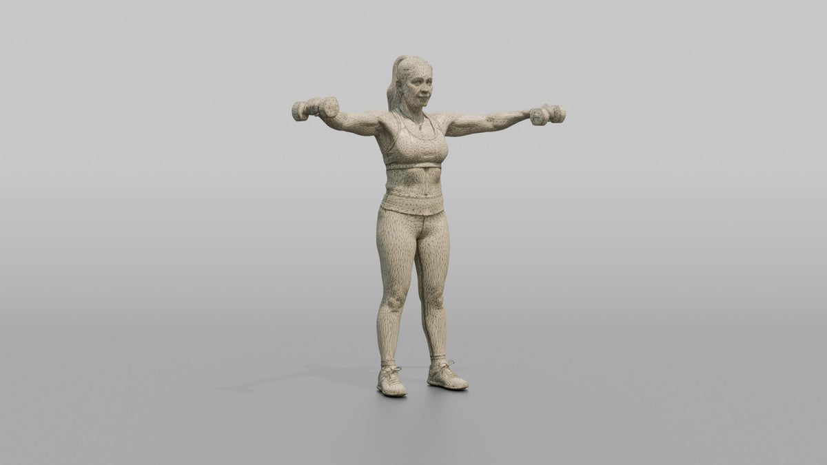 Weightlifter Woman Doing A Dumbbell Lateral Raise - wireframe topology preview