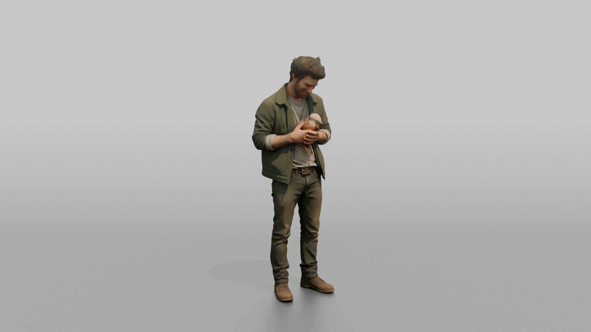 Farmer Cradling Small Chicken