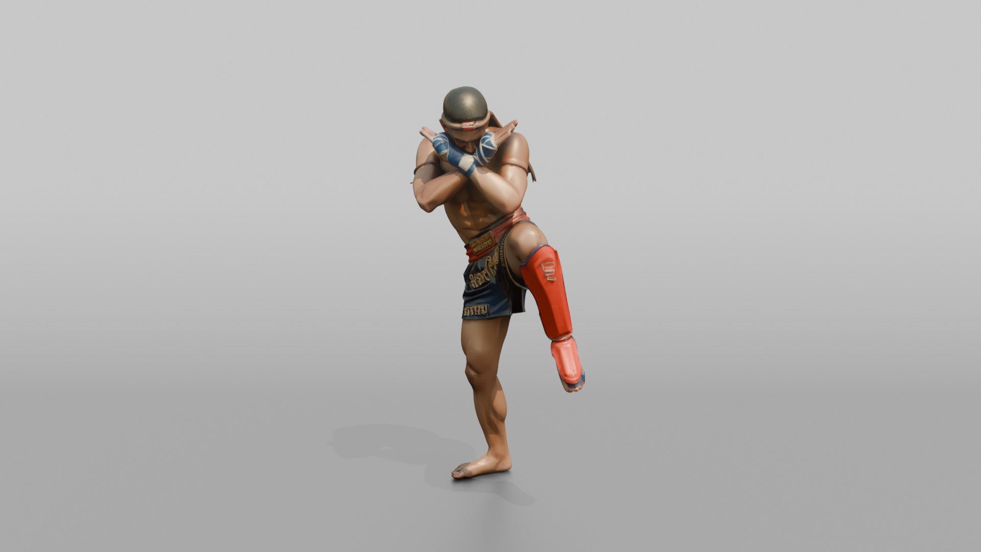 Muay Thai Fighter Shinguard Check and Forearm Block