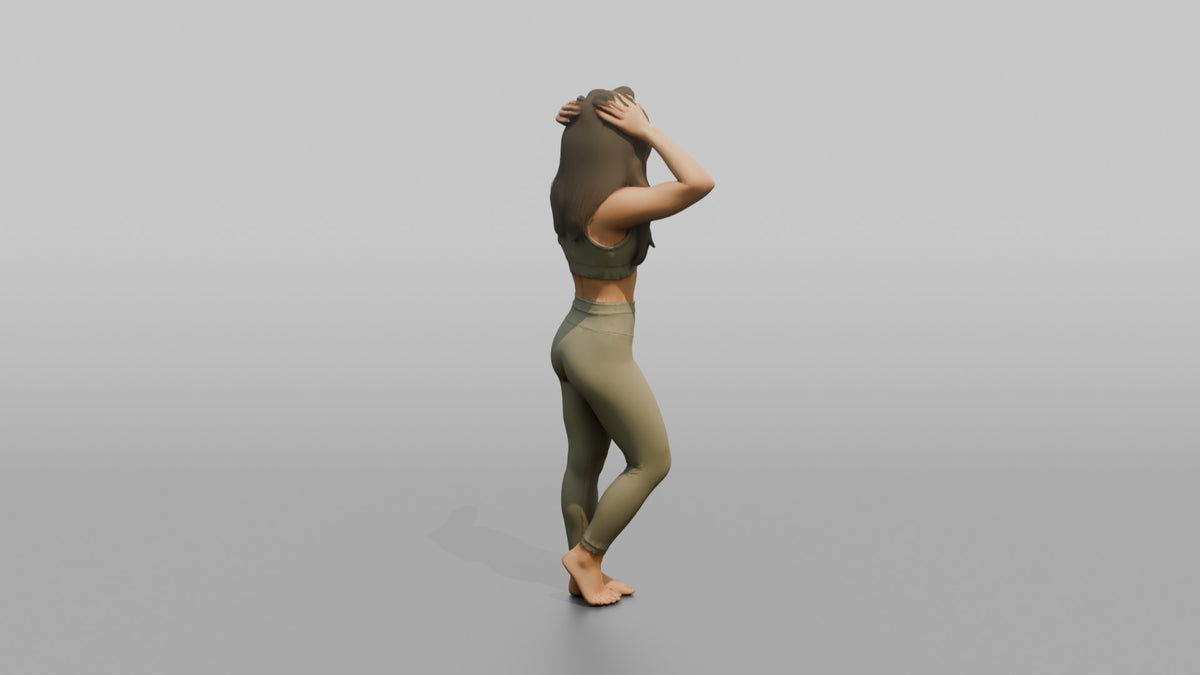Fitness Influencer Woman Standing With Hands Running Through Hair - 3D character model, view 3