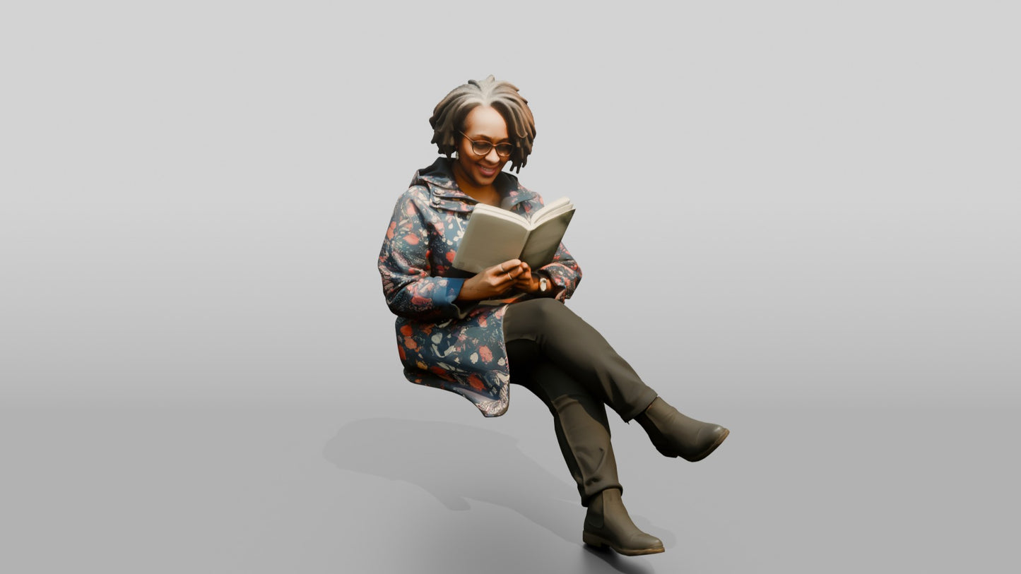 Black Woman Reading a Book in Patterned Raincoat