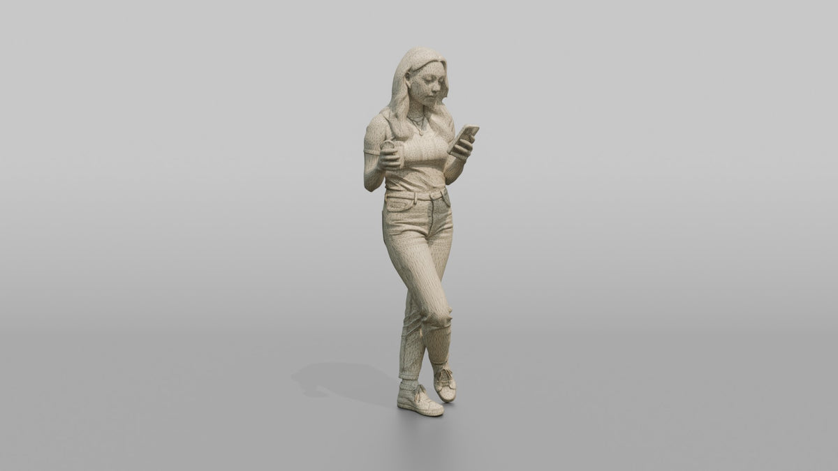 Patron Woman Standing Checking A Phone, Drink In The Other Hand - wireframe topology preview