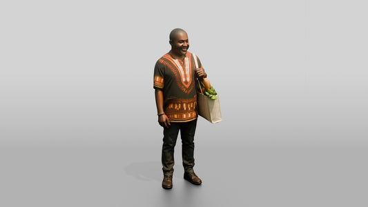African Man in a Dashiki Shirt Carrying Groceries - 3D character model, view 1