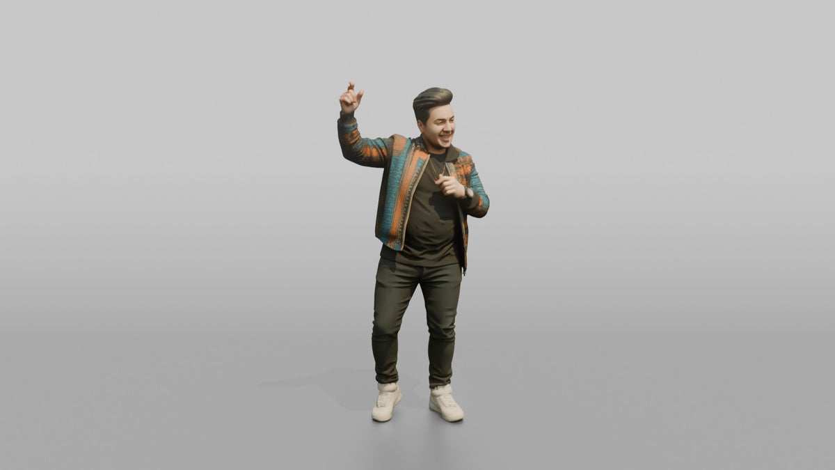 Patron Man Wearing A Vibrant Patterned Bomber Jacket, Hyped Pose - 3D character model