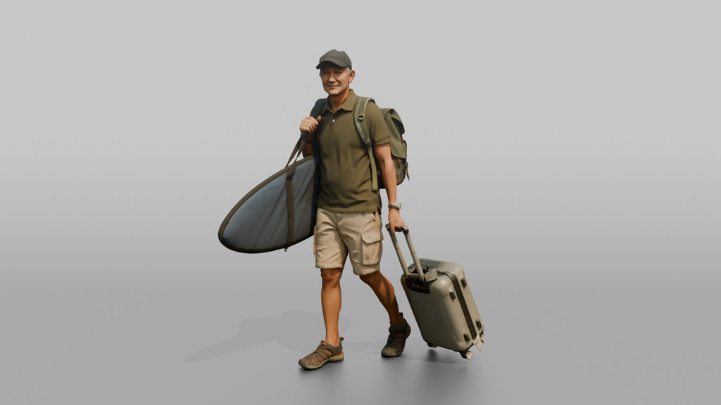 Traveler Carrying A Surfboard And Backpack