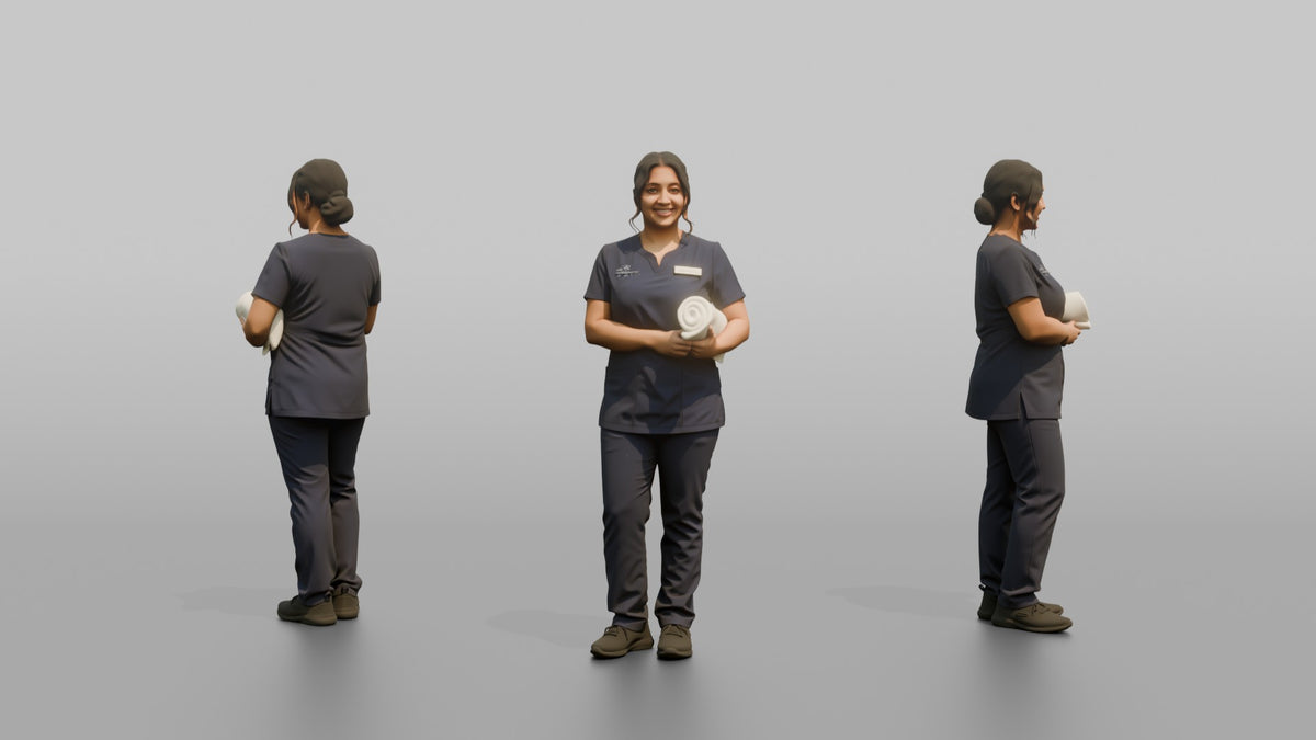 Esthetician Woman Holding A Rolled Hand Towel - 3D character model, view 1