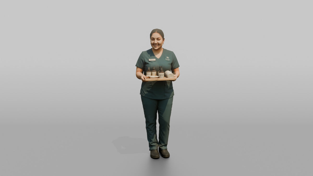 Esthetician Man Holding A Small Tray Of Skincare Products - 3D character model, view 5