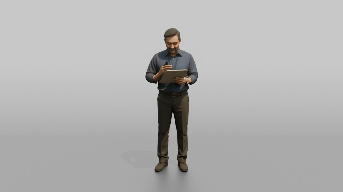 Man Store Manager Reviewing An Inventory Clipboard - 3D character model, view 5