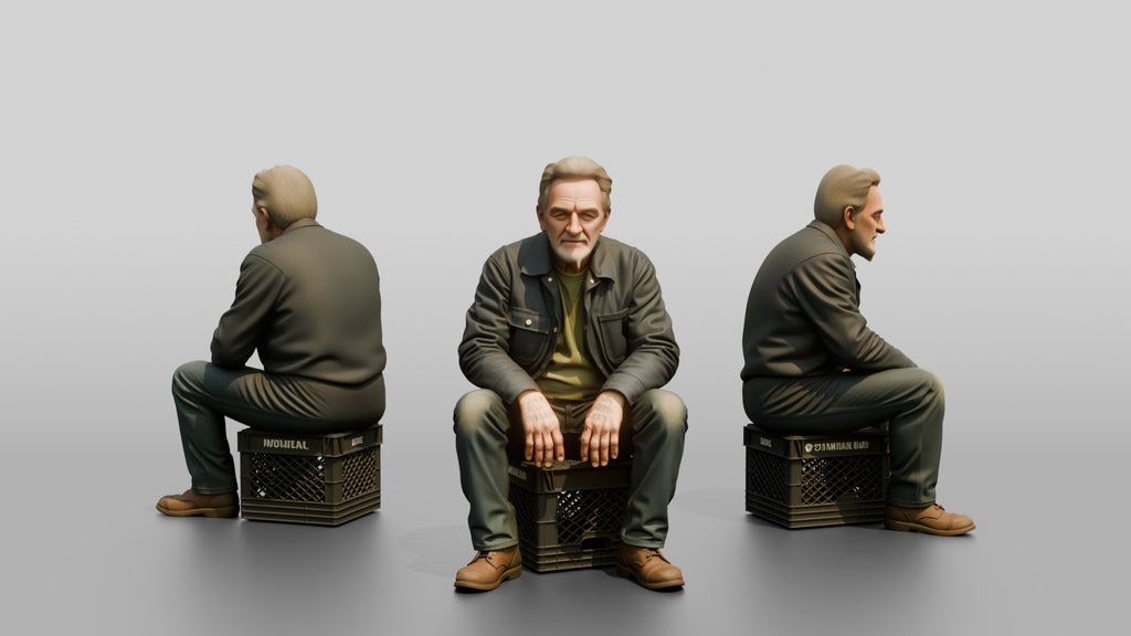 Homeless Man Sitting on a Milk Crate