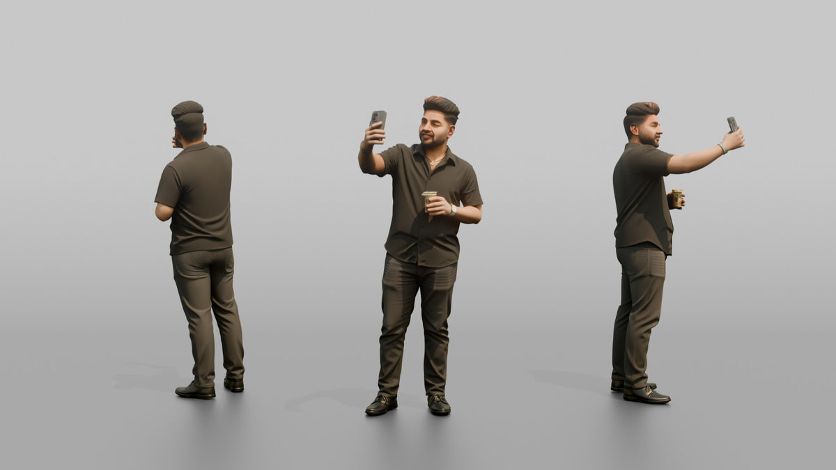 Patron Man Holding A Drink And A Phone, Taking A Photo - 3D character model, view 1