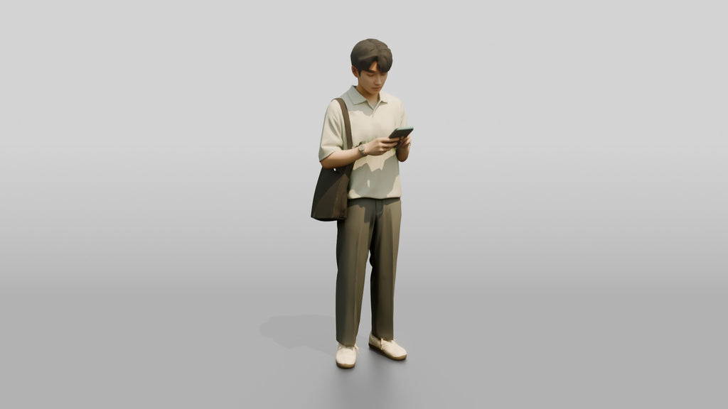 Man Checking Phone in Cream Polo