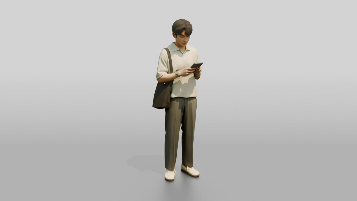 Man Checking Phone in Cream Polo - 3D character model, view 1