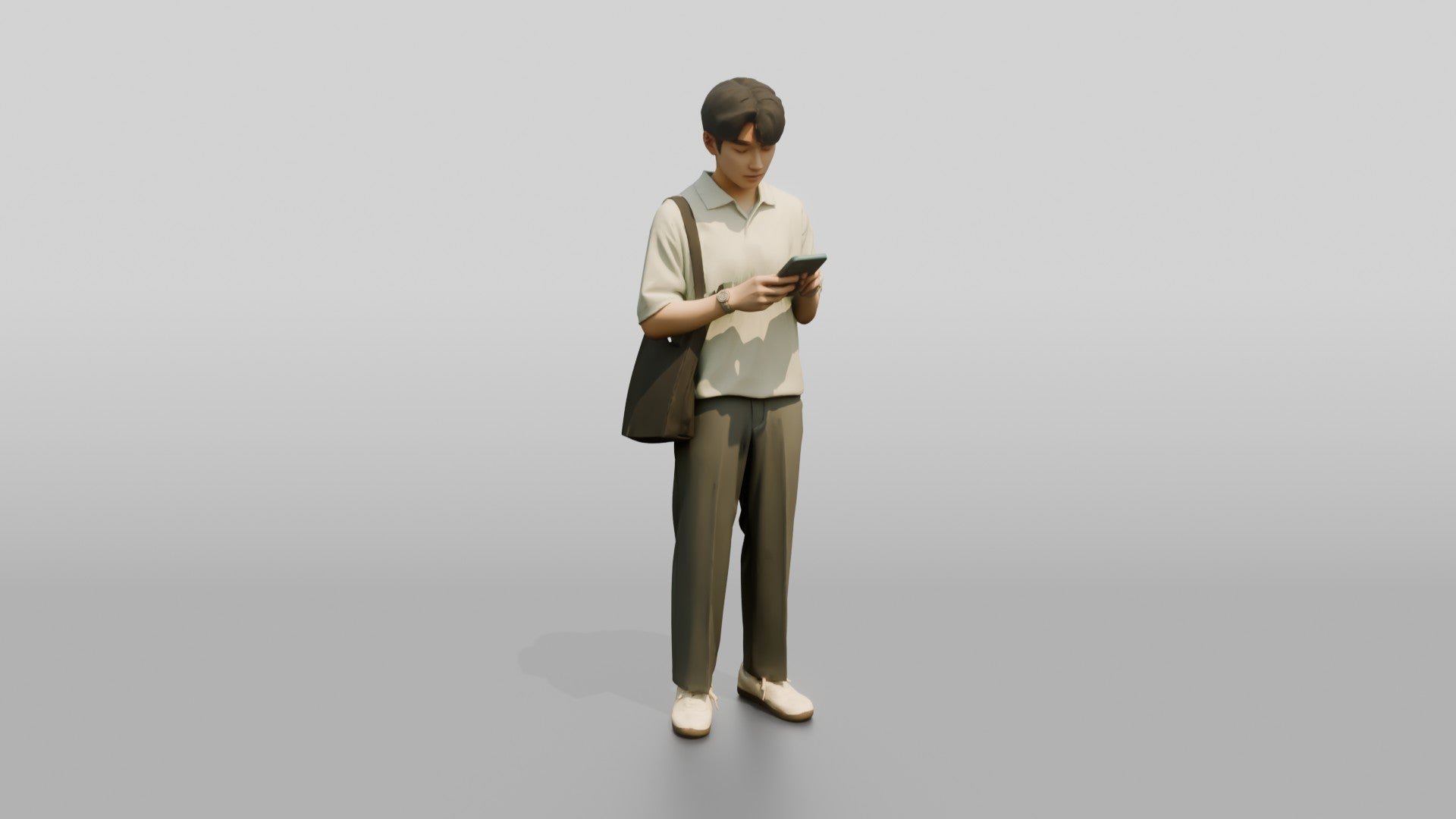 Man Checking Phone in Cream Polo