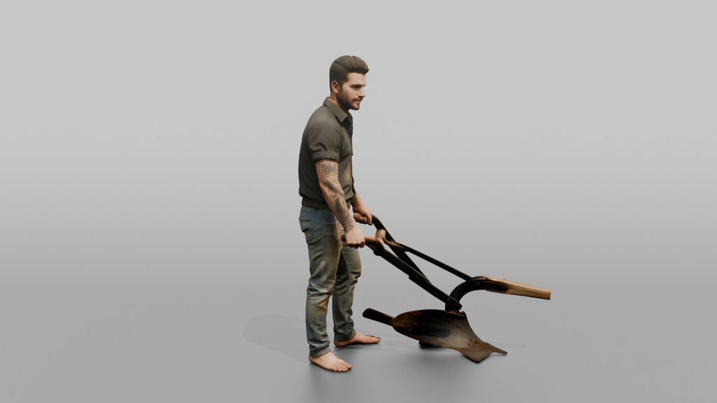 Farmer Holding Traditional Iron Hand Plow