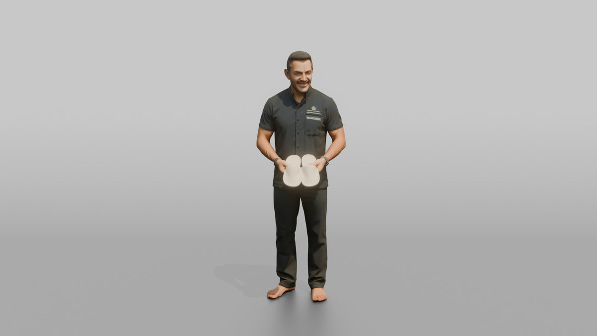 Spa Attendant Man Holding A Pair Of Spa Slippers - 3D character model, view 5
