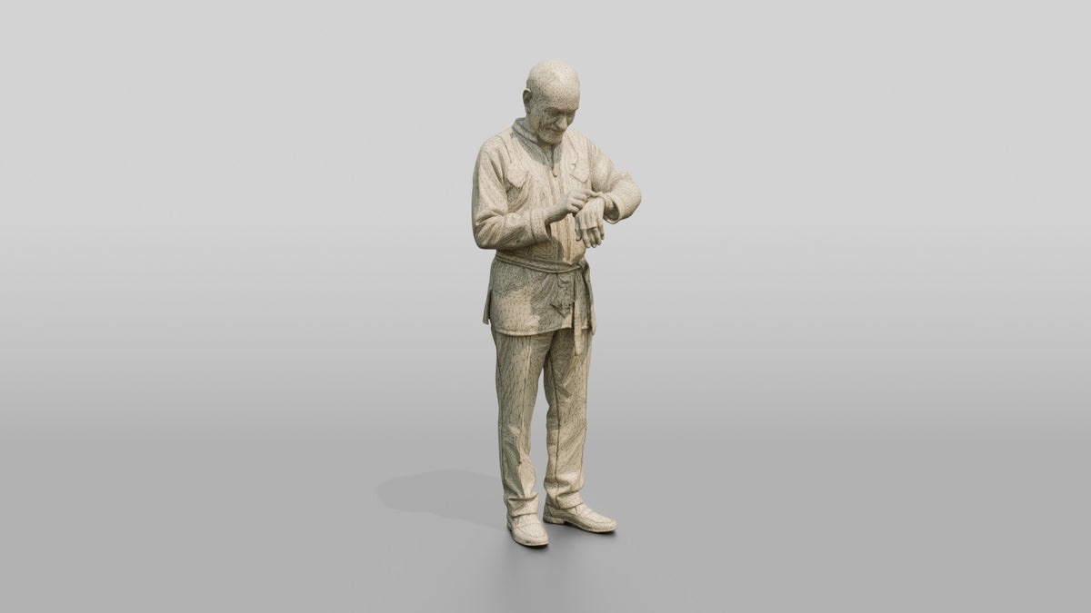 Elderly African Man in an Embroidered Tunic Checking His Watch - wireframe topology preview