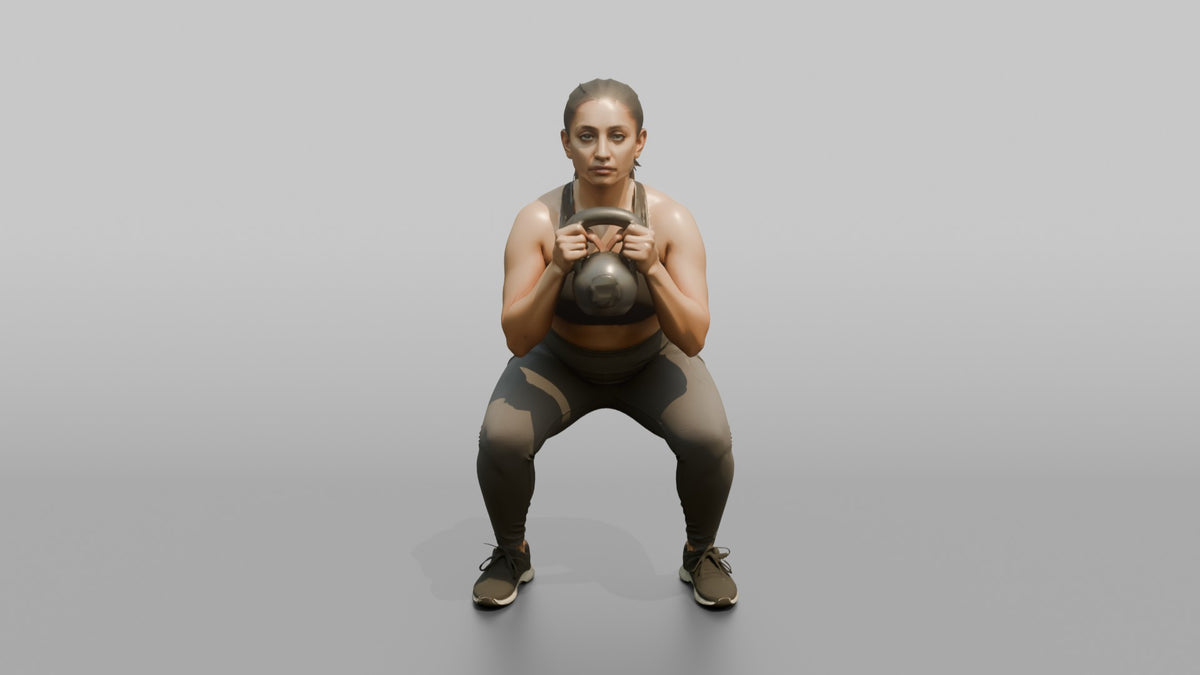 Weightlifter Woman Holding A Kettlebell In A Goblet Squat Position - 3D character model, view 5