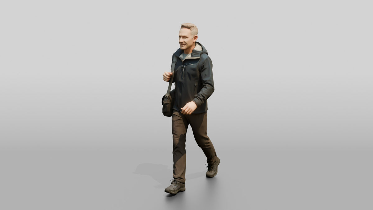 White Man Briskly Walking in Blue Rain Jacket - 3D character model, view 4