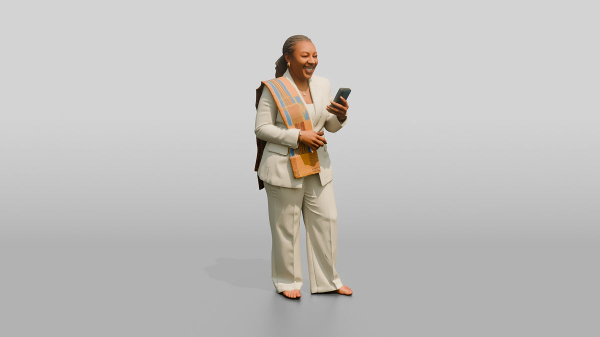 African Woman in a White Pantsuit Laughing at Her Phone - 3D character model, view 1