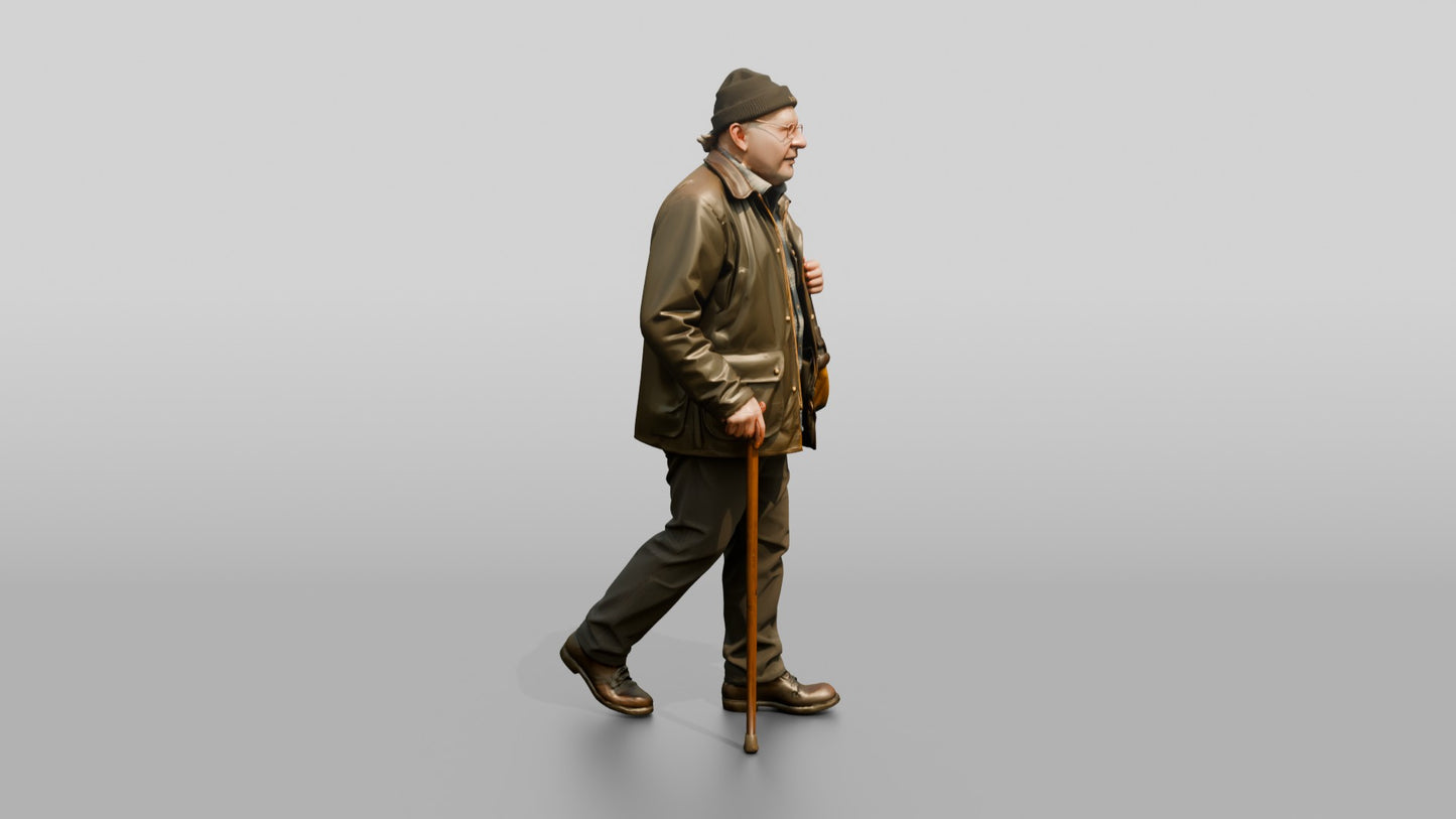 Elderly White Man in Waxed Jacket with Cane