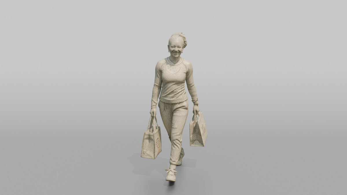 Woman Customer Walking With A Shopping Bag In Each Hand, Smiling - wireframe topology preview