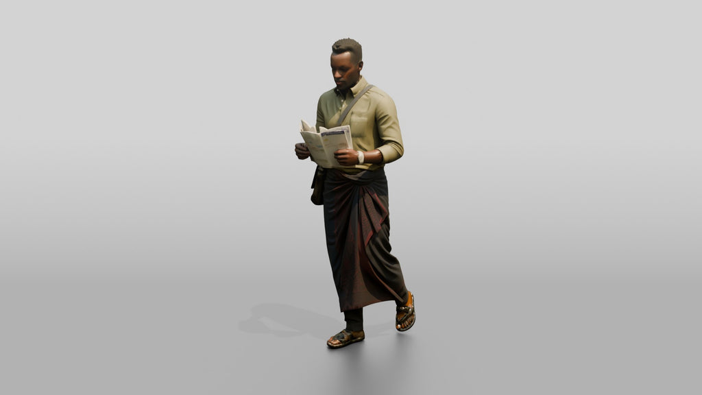 African Man Reading a Map in a Wrap Skirt