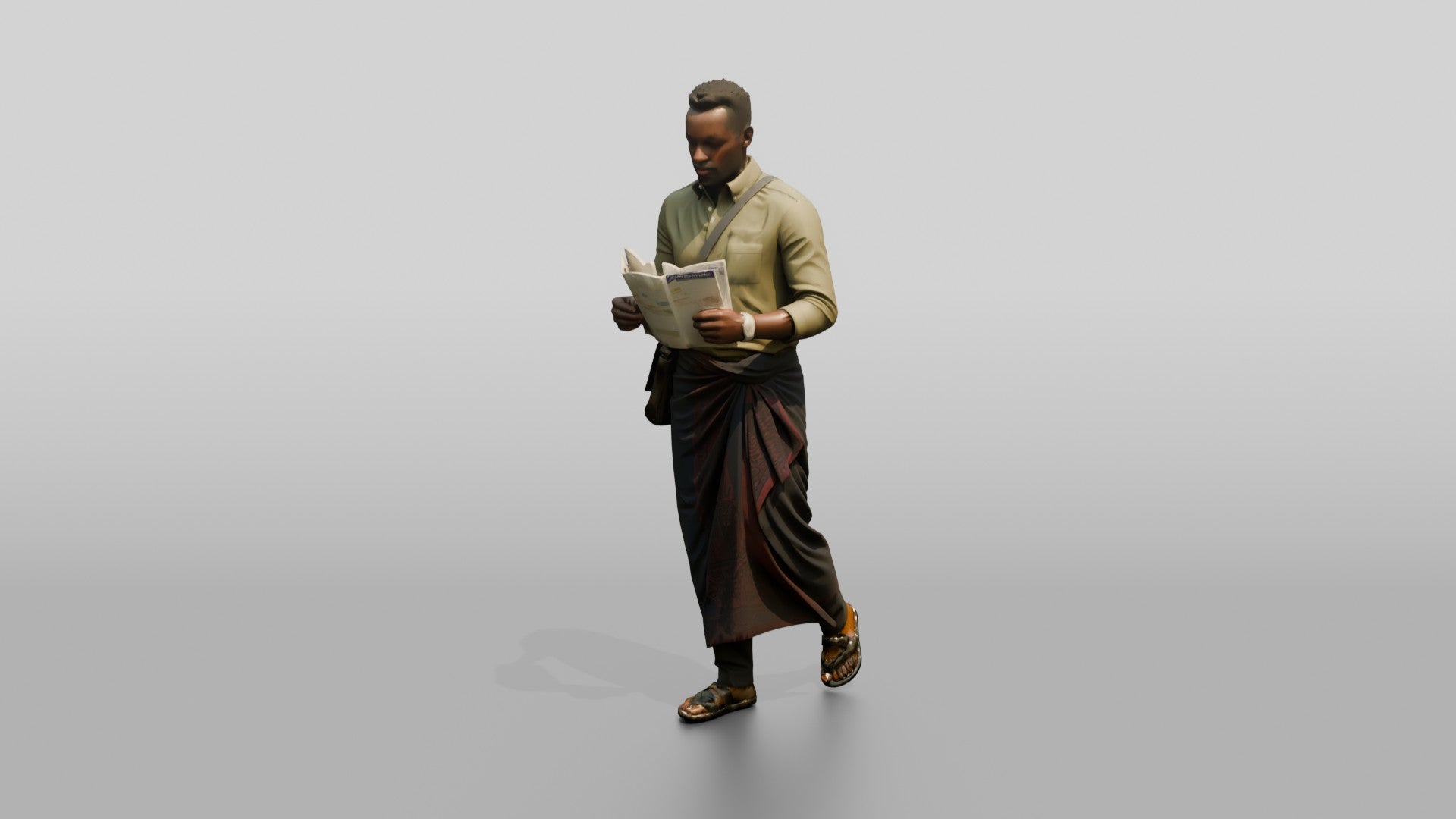 African Man Reading a Map in a Wrap Skirt