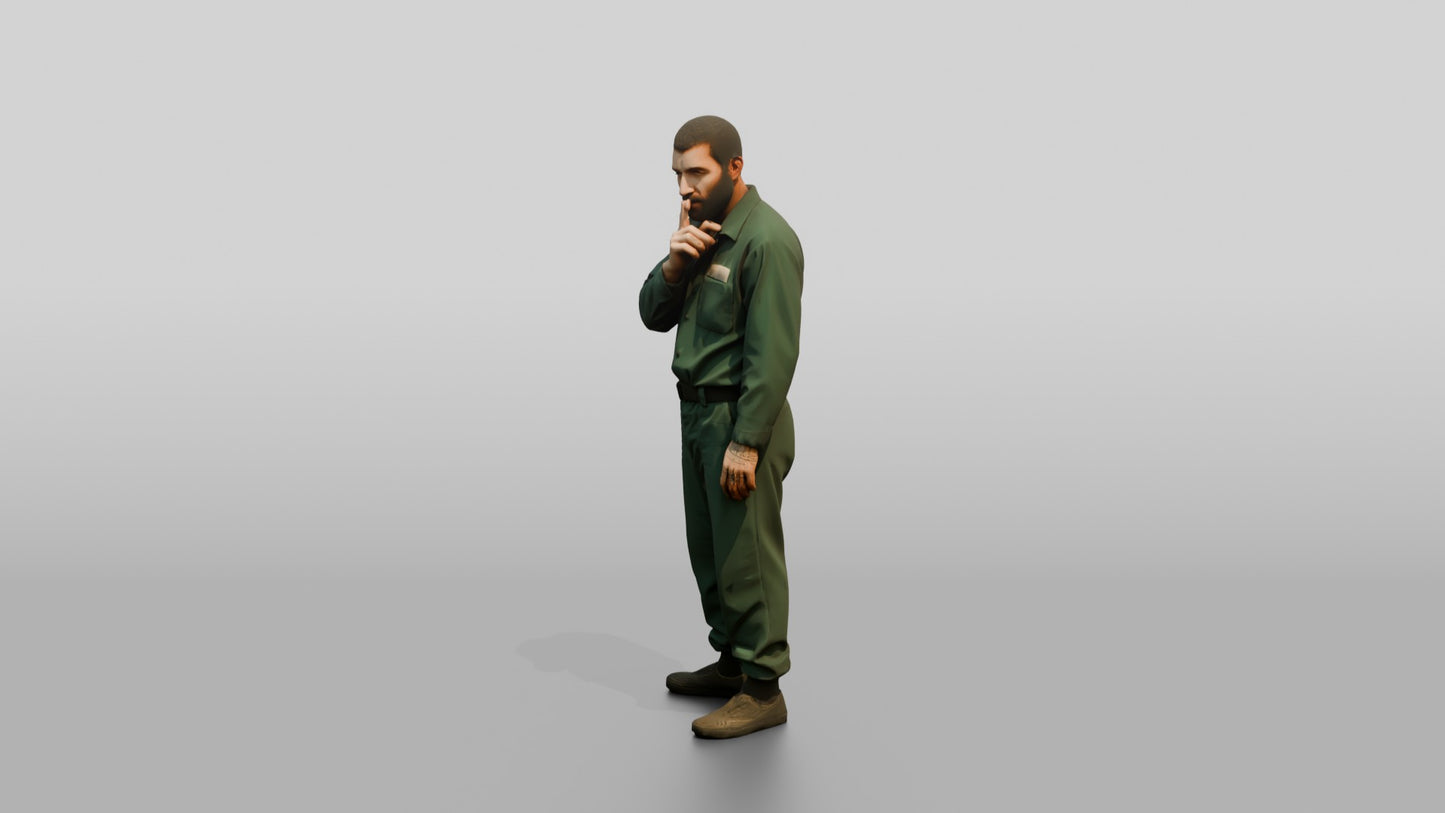 Middle Eastern Male Prisoner in a Dark Green Uniform