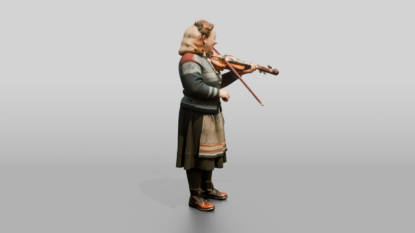 Norwegian Woman Playing Fiddle Outside a Cafe