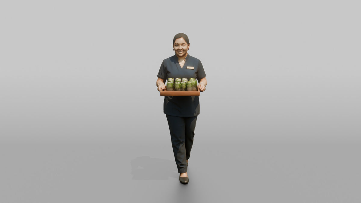 Spa Attendant Man Carrying A Tray With Cucumber Water Glasses - 3D character model, view 5