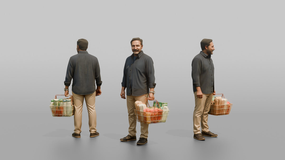 Man Customer Standing With A Full Shopping Basket - 3D character model, view 1
