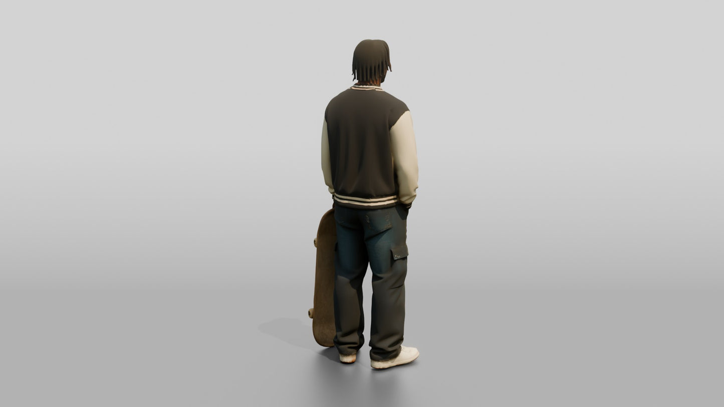 Skater Man in Varsity Jacket with Skateboard