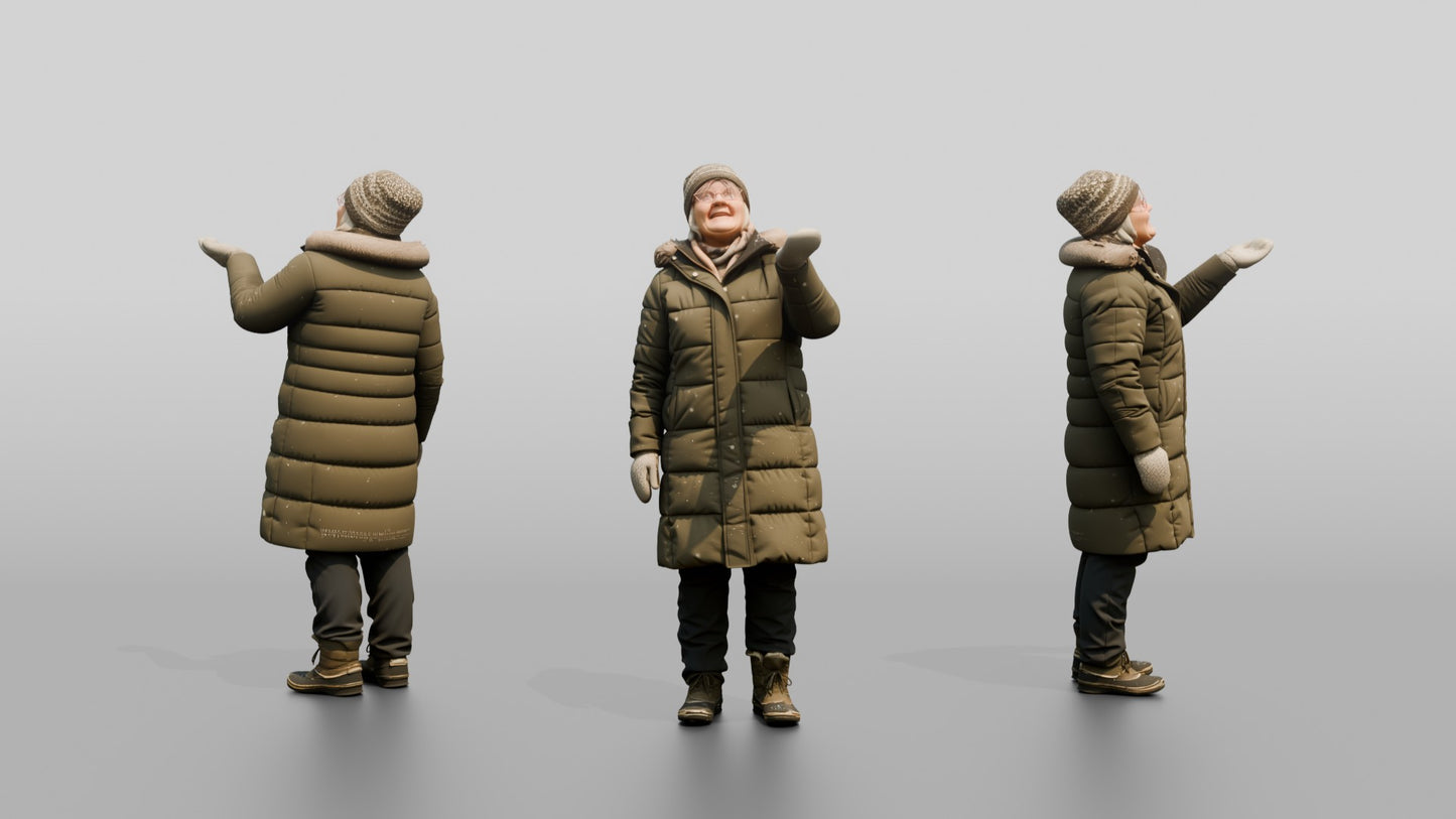 Elderly Norwegian Woman Catching Snowflakes