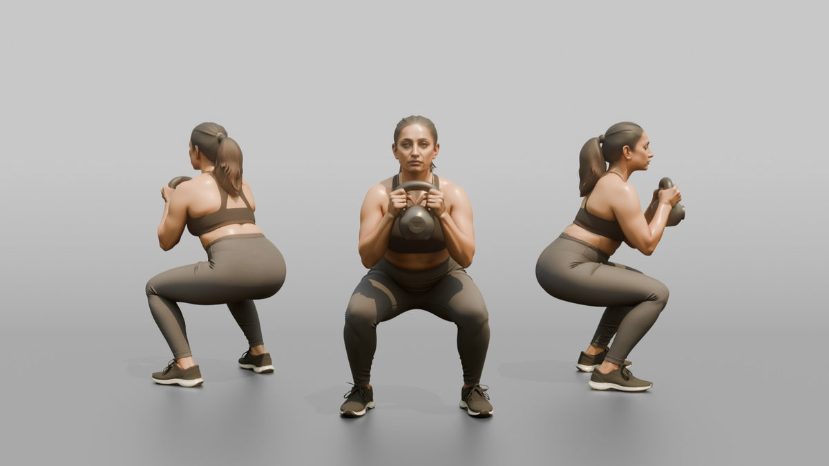Weightlifter Woman Holding A Kettlebell In A Goblet Squat Position - 3D character model, view 1