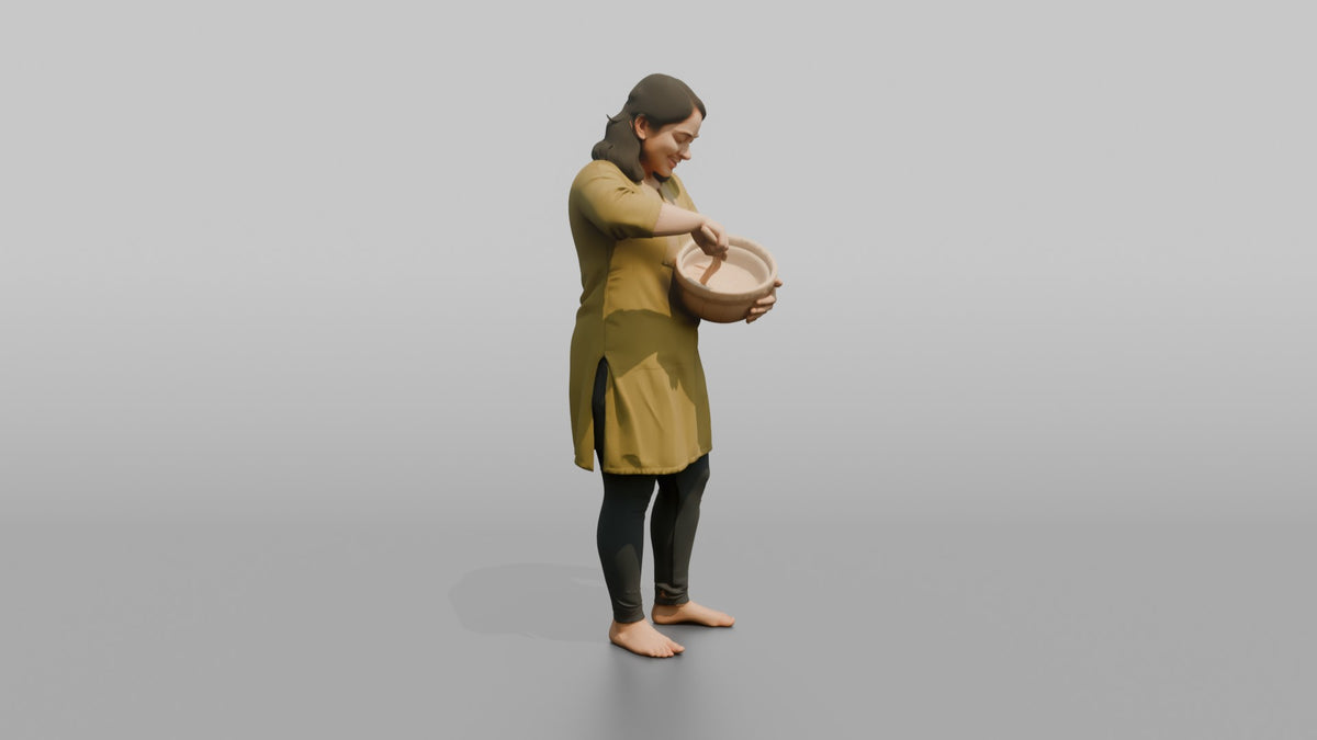 Mother Holding A Mixing Bowl And A Wooden Spoon, Stirring - 3D character model, view 2