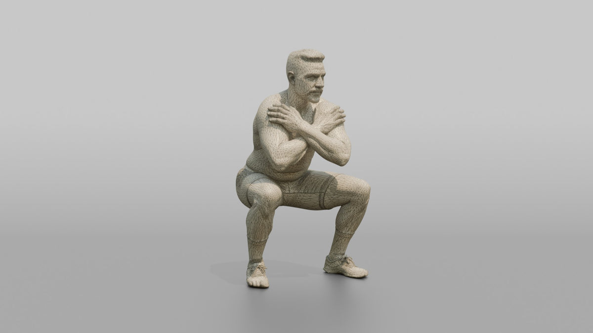 Bodyweight Athlete Man Holding A Deep Squat Position, Arms Crossed - wireframe topology preview
