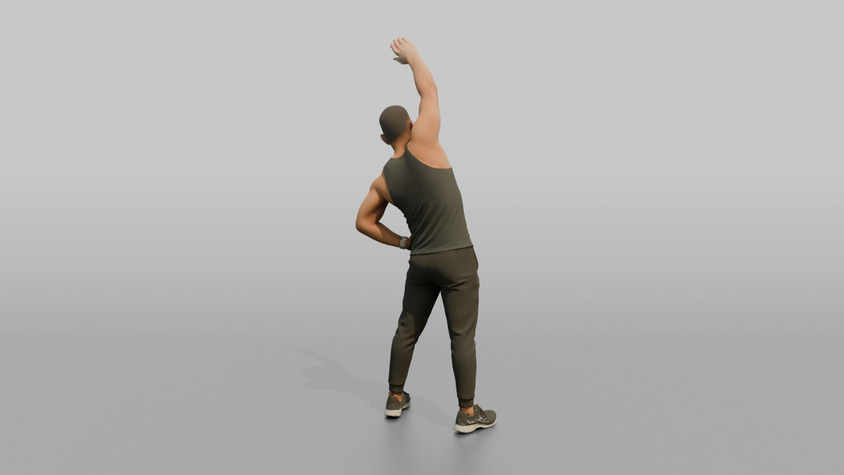 Fitness Influencer Man Doing A Standing Side Stretch, One Arm Overhead - 3D character model, view 3