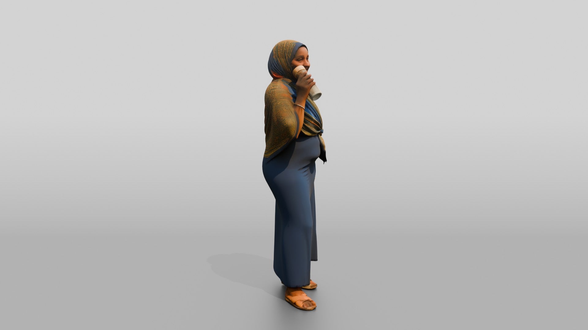 Curvy African Woman in a Headscarf Sipping Water