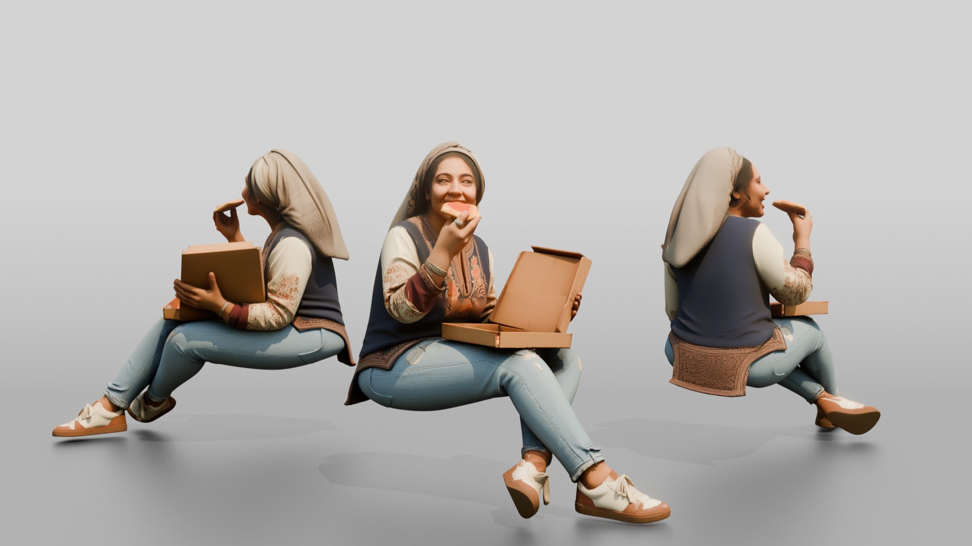 Woman in Headscarf Eating Pizza While Sitting