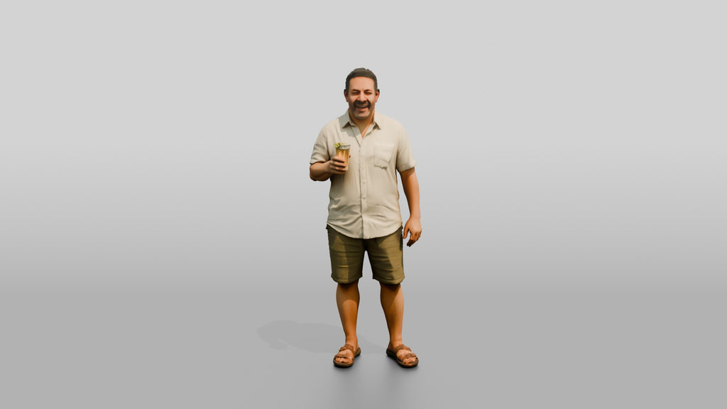 Stocky Egyptian Man Laughing with a Cold Drink