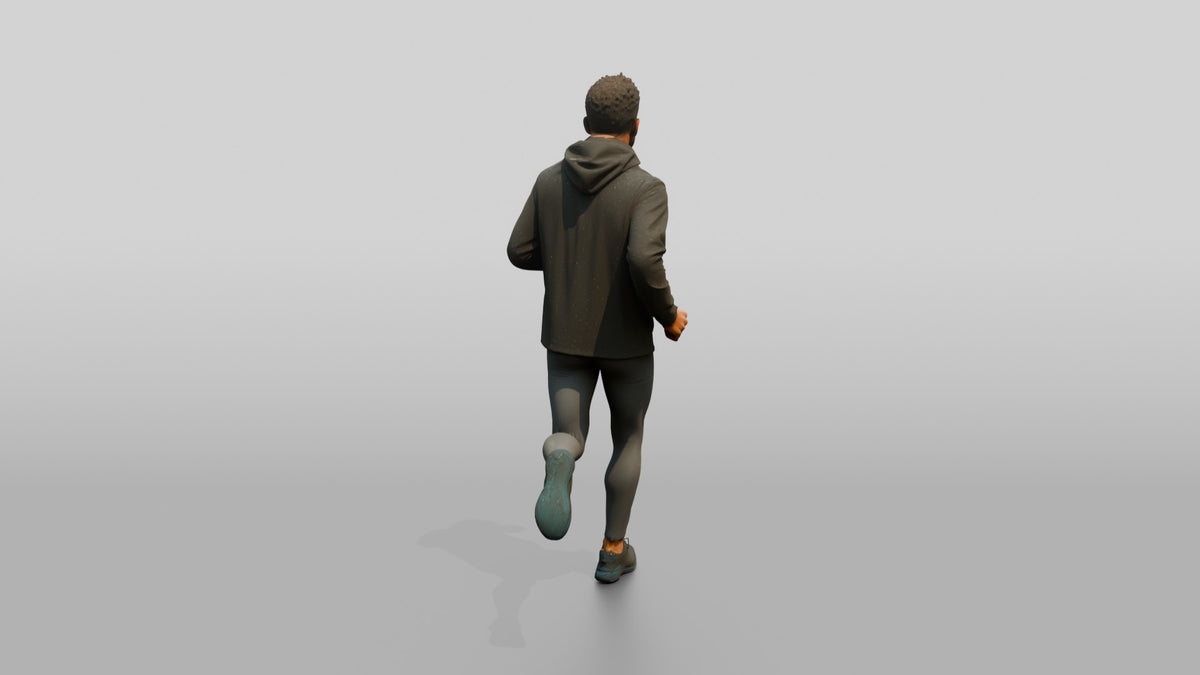 Caribbean Man Jogging in Black Raincoat - 3D character model, view 3